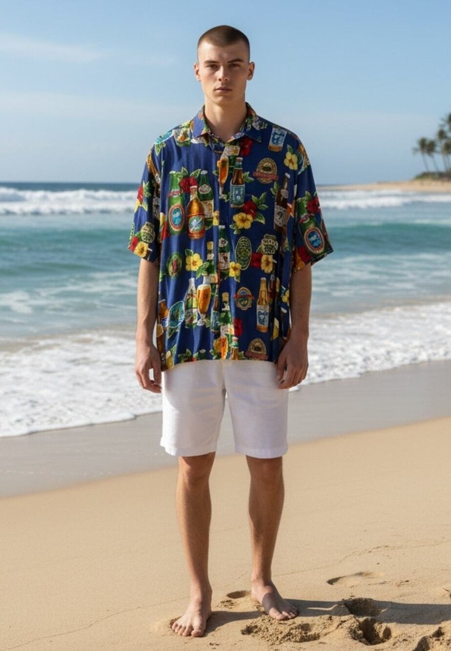 Vintage 90s Straight Down Hawaiian Beer Print Shirt Made USA Rayon Blend XL